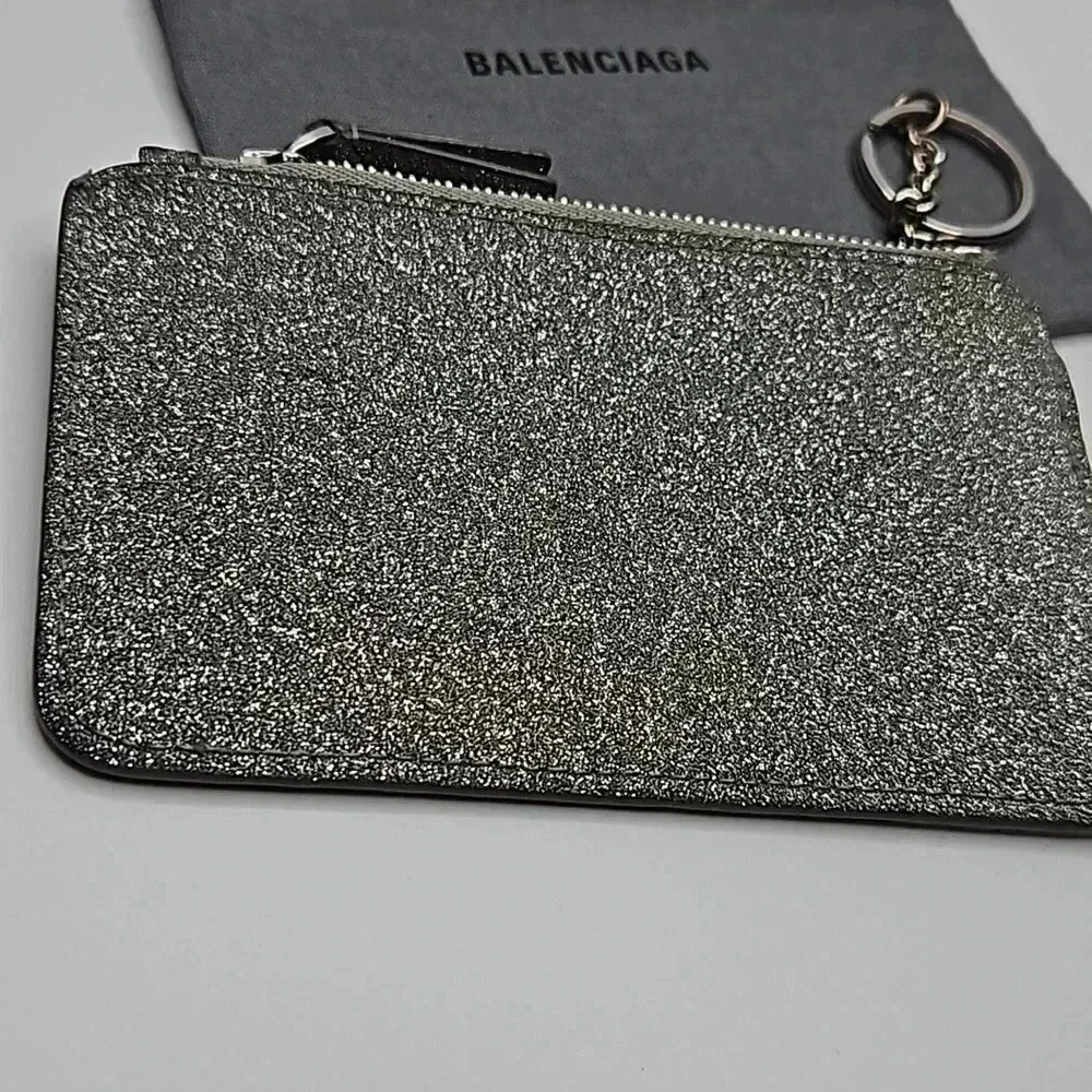 Balenciaga Silver Glitter Zippy Pouch with Key Ring, dust bag included